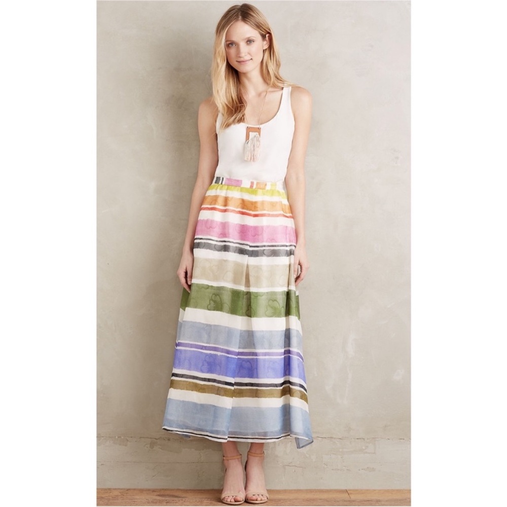 EUC WHIT x Anthropologie Silk Rainbow Midi Skirt Size 4